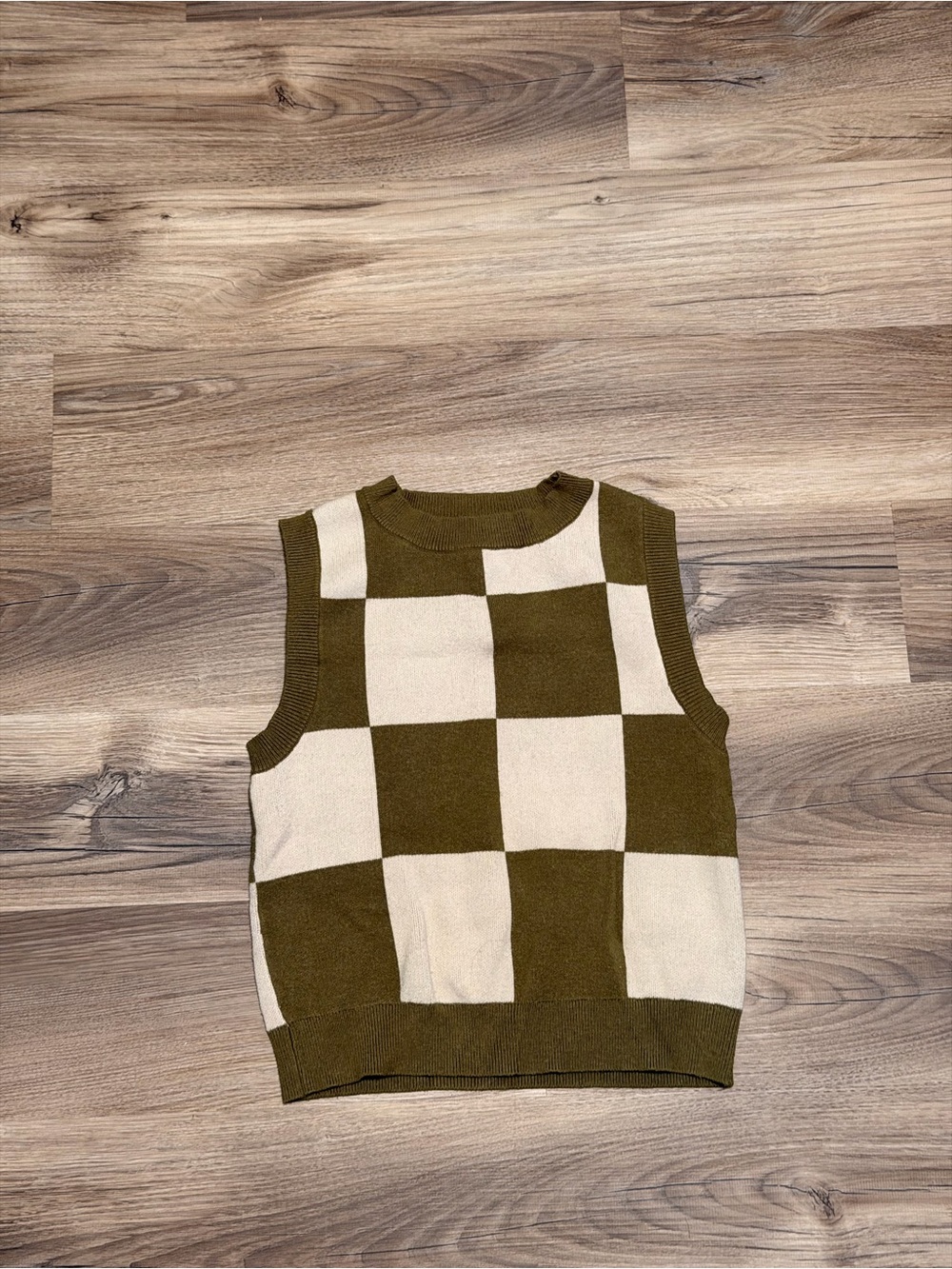 Checkerboard Knit Sweater Vest - Olive & Cream